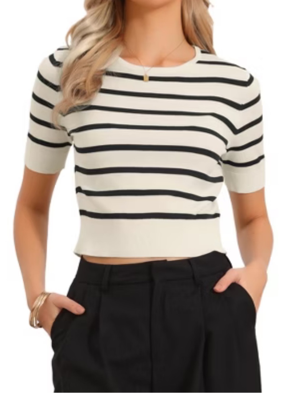 H&M Black and White Striped Short Sleeve Knit Top